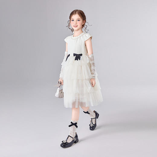 笛莎Deesha 童装女童连衣裙2025夏新款女童优雅立体蝴蝶结蛋糕裙摆礼服裙 商品图2