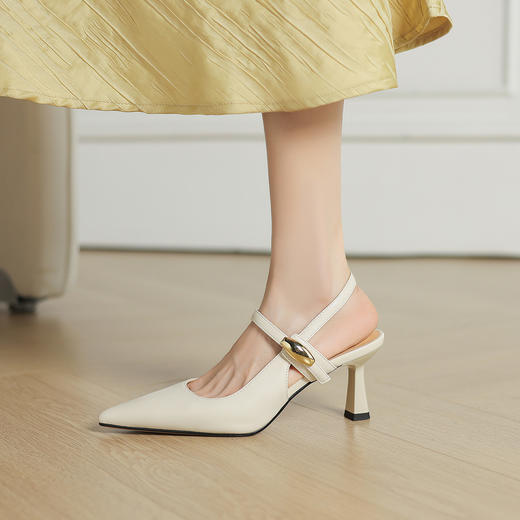 阿么手工女鞋尖头高跟鞋细跟一字带不掉跟气质法式后空凉鞋6.5CM 商品图4