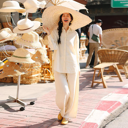 绽放旅行女装142-143朵/亚麻廓形感显瘦透气宽松阔腿裤简约套装 商品图0