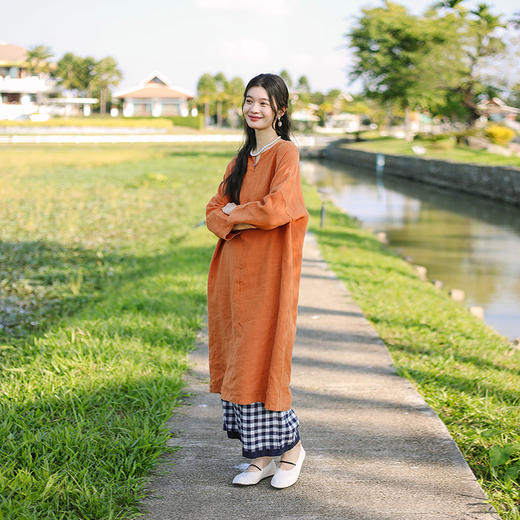 绽放103朵/三色堇连衣裙砂洗亚麻圆领一粒扣落肩V领九分袖裙子 商品图0