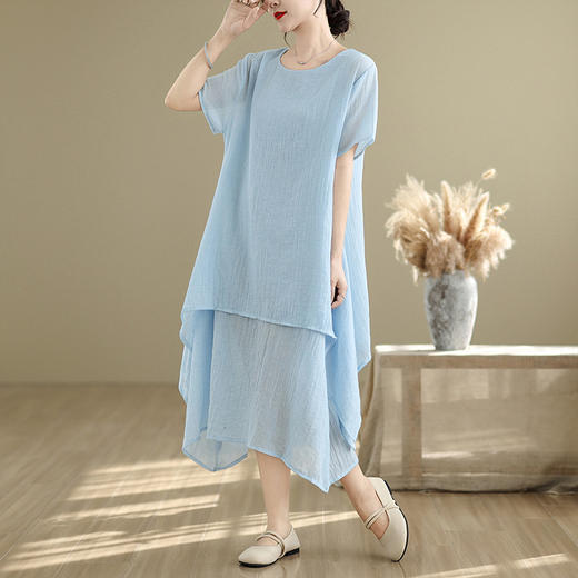 XYLZY9920短袖棉麻连衣裙2025夏季新款文艺范纯色大摆裙大码双层打底裙 商品图3
