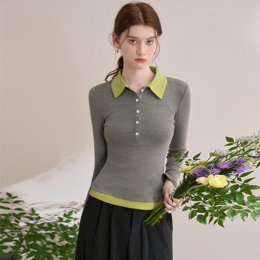 设计感纯欲翻领撞色假两件T恤女2025高弹修身上衣V0050370 商品图3