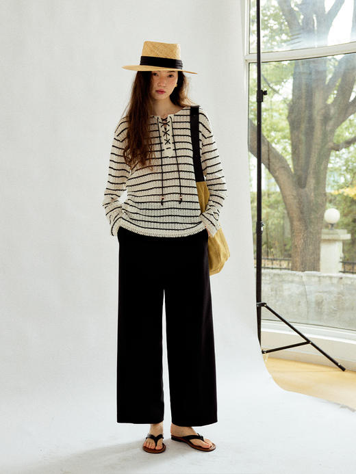 Even Vintage| 复古时髦条纹针织慵懒随性罗马领绑带镂空毛衣罩衫 商品图3