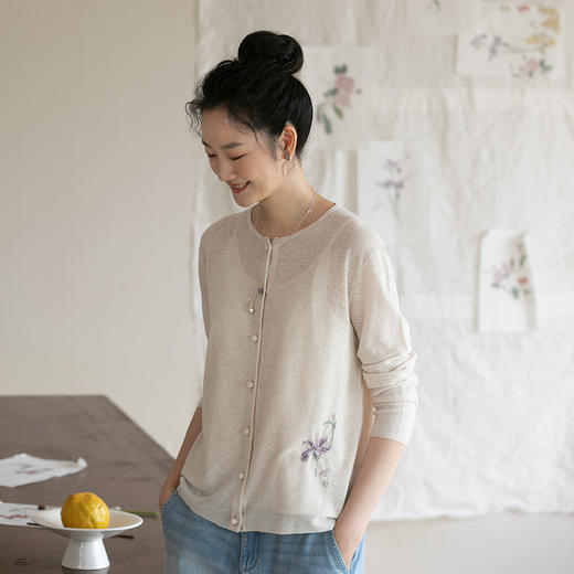 牧衣游原创 棉麻混纺薄毛织外套柔软舒适轻薄百搭长袖防晒衫 幽鸟 商品图0
