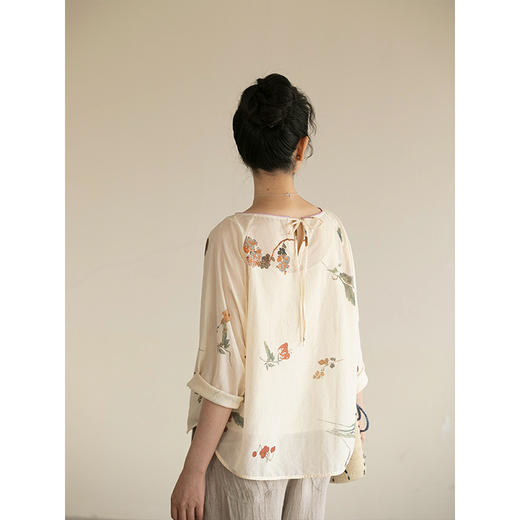 牧衣游原创 新疆棉印花套头衫轻薄国画七分袖圆领文艺上衣 清规 商品图2