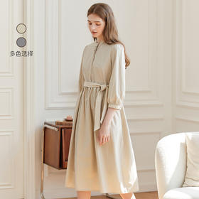 Famecoco范可儿立领极简收腰连衣裙女士秋季收腰花边长款衬衫裙F225FA005