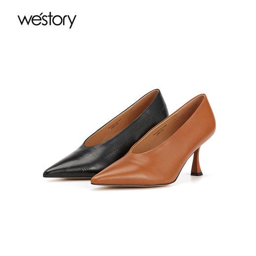 westory奶奶单鞋尖头气质漆皮百搭舒适真皮不累脚高跟鞋W23CE73111 商品图0