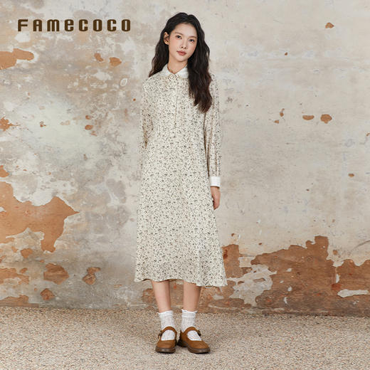 Famecoco宽松连衣裙秋季娃娃领袖口撞色碎花裙女装长裙FAB6FA018 商品图0
