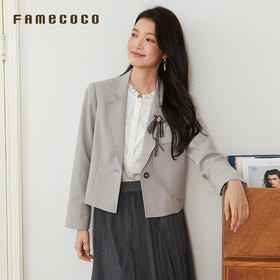 Famecoco文艺范西装外套纯色短款拼接设计职业风春秋款FAB6AW010