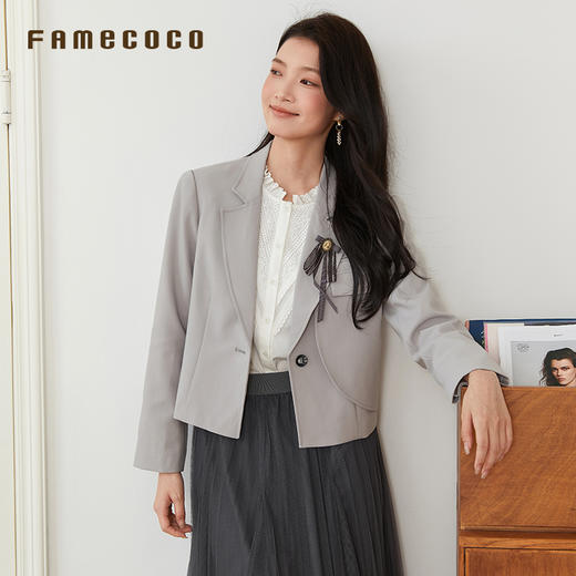 Famecoco文艺范西装外套纯色短款拼接设计职业风春秋款FAB6AW010 商品图0