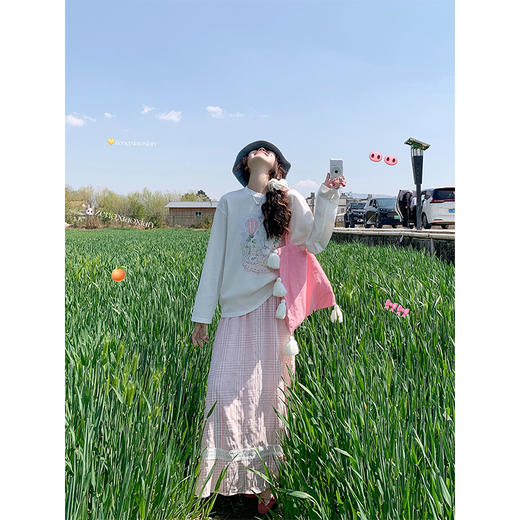 <曾小咸推荐>趣味印花防晒宽松T恤粉色格子半身裙 商品图2