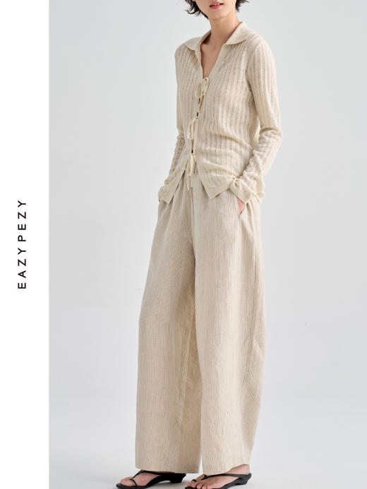 亚麻翻领系带针织开衫 商品图2