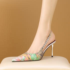 【预售7天】细跟包头凉鞋女轻奢夏季新款尖头气质一字带后空印花牛皮高跟鞋CX&CX8111-2