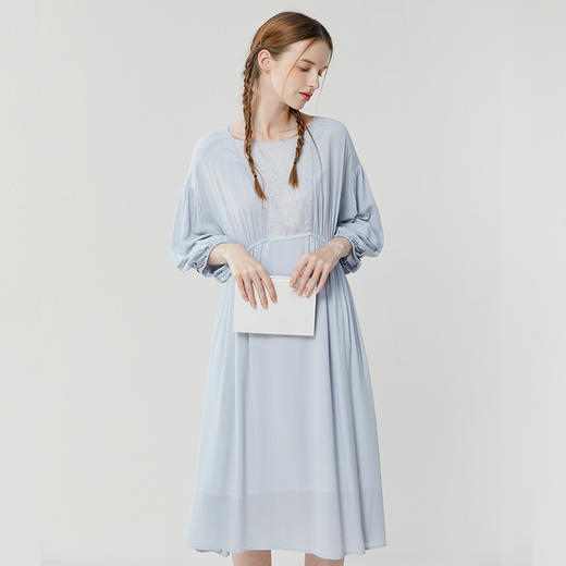 Famecoco范可儿夏季白色连衣裙飘逸垂感七分袖高腰休闲中长裙F223FA017 商品图4