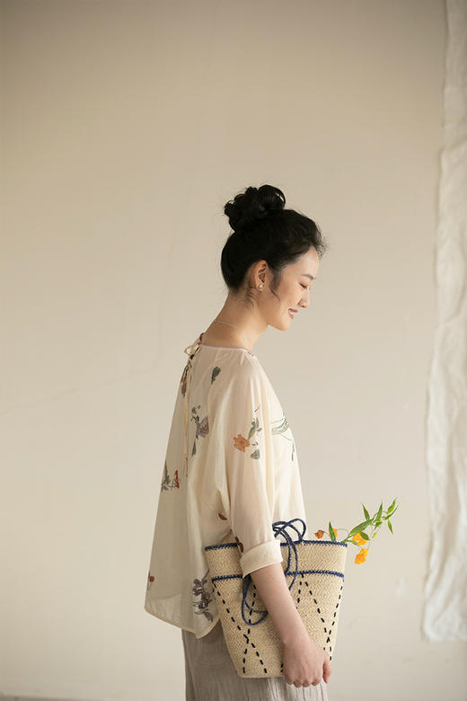 牧衣游原创 新疆棉印花套头衫轻薄国画七分袖圆领文艺上衣 清规 商品图5