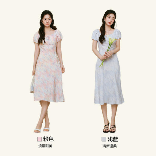 【严选】诗凡黎泡泡袖连衣裙2025春新款莫奈裙收腰欧若风度假绝美长裙7G3290721 商品图1