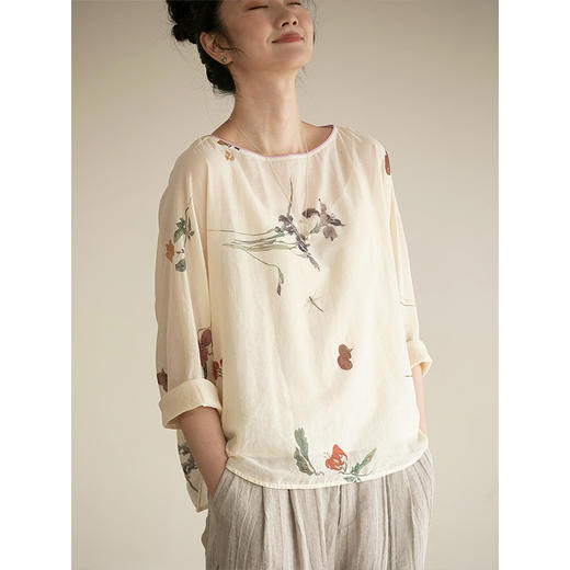 牧衣游原创 新疆棉印花套头衫轻薄国画七分袖圆领文艺上衣 清规 商品图1