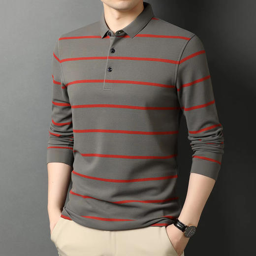 红览 条纹纯棉长袖T恤男士翻领POLO衫1053 商品图4