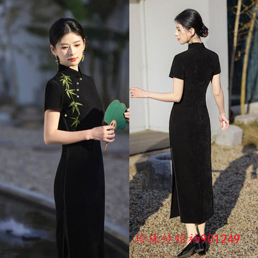 GX时尚改良新中式长款短袖旗袍2025春新款纯黑色国风气质旗袍 商品图1