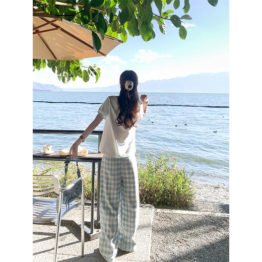 <曾小咸推荐>小清新白色印花短袖撞蓝色边宽松T恤 商品图4