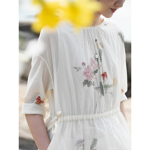 牧衣游原创 丝棉印花连衣裙圆领国画浪漫轻薄文艺气质长裙 梨云落 商品图2