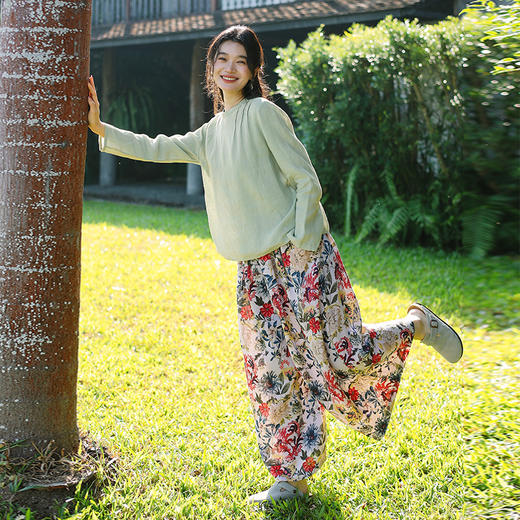 绽放086朵/情书小衫高支皱纹亚麻文艺小圆领上衣塔克长袖防晒T恤 商品图1