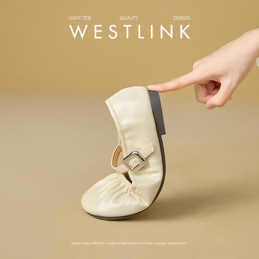 西遇法式单鞋女新款褶皱超软通勤圆头平底鞋银色玛丽珍鞋V0356343 商品图1