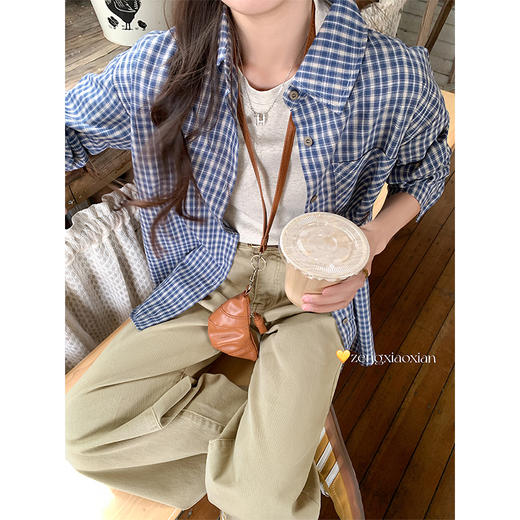 <曾小咸推荐>韩系慵懒宽松蓝色格子衬衫T恤裤子套装 商品图1