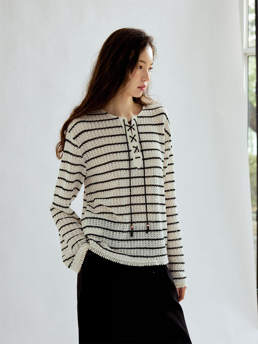Even Vintage| 复古时髦条纹针织慵懒随性罗马领绑带镂空毛衣罩衫 商品图1