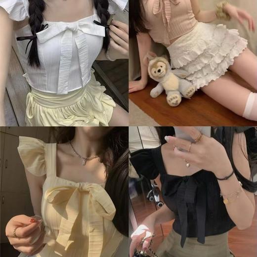 【法式木耳边小飞袖吊带】上身俏皮舒适，透气面料不易起球，露脐蝴蝶结系带显瘦百搭美背上衣女吊带QQ 商品图1