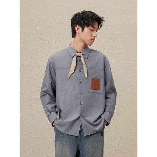 GXG男装 灰色翻领长袖衬衫压印OGO舒适 24年秋季热卖#G24D033041 商品图3