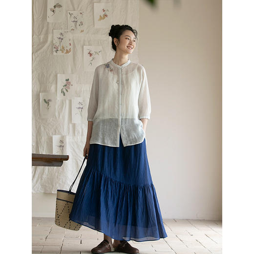 牧衣游原创 进口亚麻精工手绣混纺衬衫新品轻薄文艺百搭开衫 浅山 商品图1