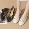 丁摩 春季真皮新淑女风方头中跟粗跟金属褶皱浅口43大码舒适单鞋女5ZF-3173 商品缩略图1