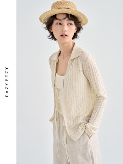 亚麻翻领系带针织开衫 商品图3