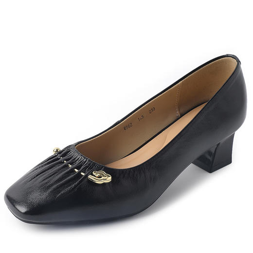 丁摩 春季真皮新淑女风方头中跟粗跟金属褶皱浅口43大码舒适单鞋女5ZF-3173 商品图6