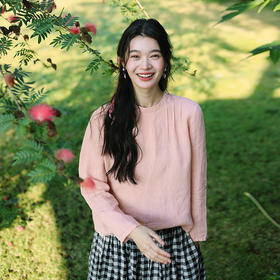 绽放086朵/情书小衫高支皱纹亚麻文艺小圆领上衣塔克长袖防晒T恤