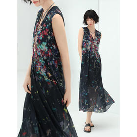 COCOBELLA气质轻熟烟花印花雪纺无袖连衣裙女V领背心裙FR569