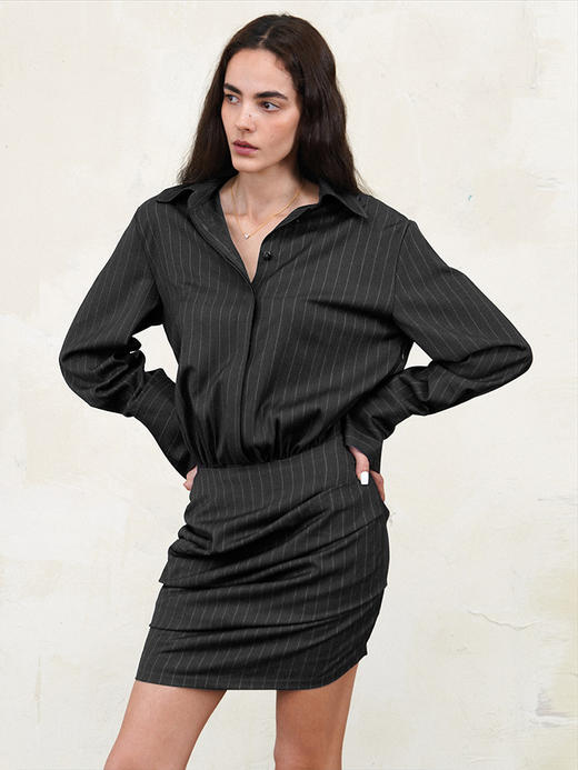 TR她热 老钱一族 灰色条纹拼接复古褶皱包臀西装衬衫连衣裙 商品图2