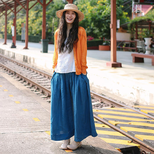 绽放旅行女装154朵/又见武士阔腿长裤孔雀蓝亚麻百搭宽松武士裤 商品图2