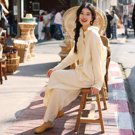 绽放旅行女装142-143朵/亚麻廓形感显瘦透气宽松阔腿裤简约套装 商品图3