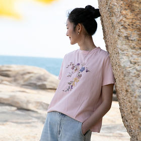 牧衣游原创 机绣纯棉T恤女夏新品舒适亲肤百搭简约圆领短袖 北初