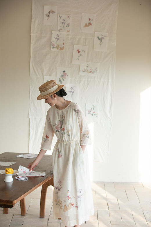 牧衣游原创 丝棉印花连衣裙圆领国画浪漫轻薄文艺气质长裙 梨云落 商品图5