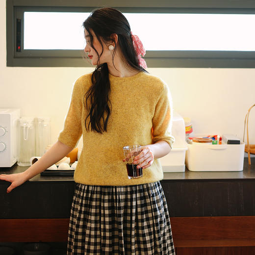 绽放077朵/云朵T恤春季羊毛花式弹力纱圆领马鞍肩短袖套头毛衣 商品图0