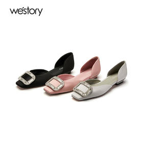 westory镶钻方扣设计感百搭气质平底真皮浅口单鞋空鞋56311