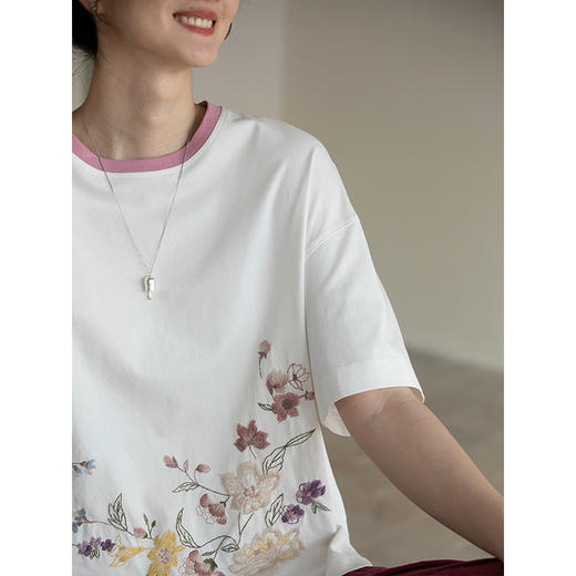 牧衣游原创 机绣纯棉T恤夏女舒适百搭简约休闲宽松圆领短袖 薄荷 商品图3