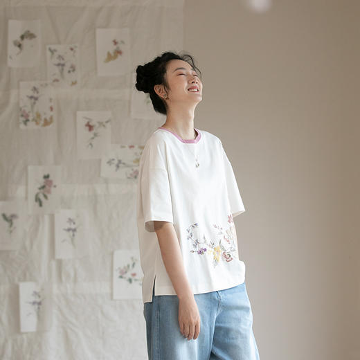 牧衣游原创 机绣纯棉T恤夏女舒适百搭简约休闲宽松圆领短袖 薄荷 商品图0