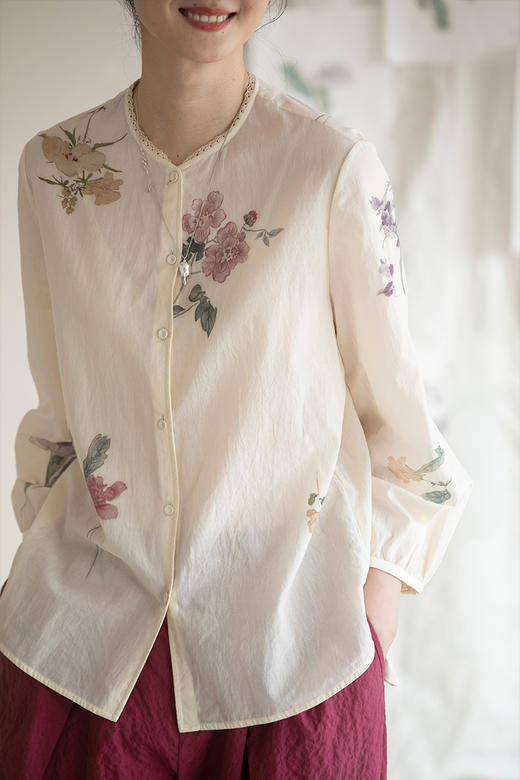 牧衣游原创100支新疆棉印花衬衫新品轻薄国画文艺百搭衬衣 水花香 商品图5