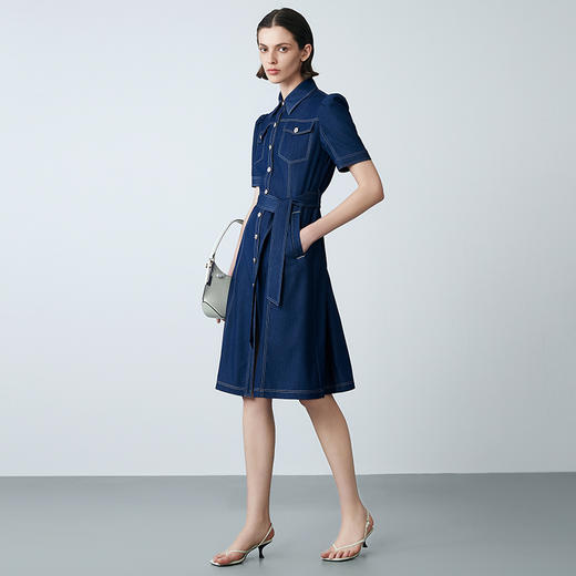 EITIE爱特爱夏季新款衬衫领复古文艺显瘦修身a字系带牛仔连衣裙7807509 商品图1