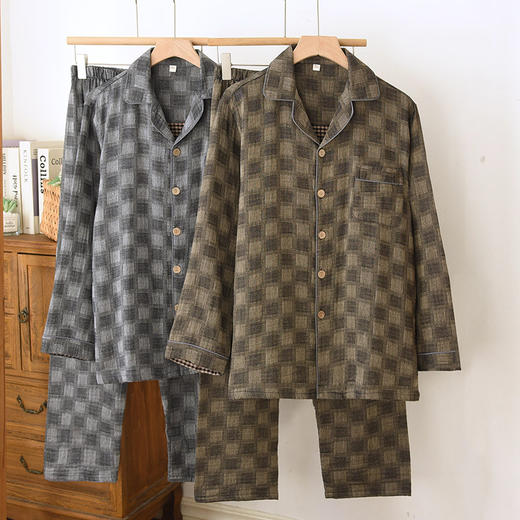 雀说 男士睡衣春秋款纯棉长袖格子家居服 商品图1