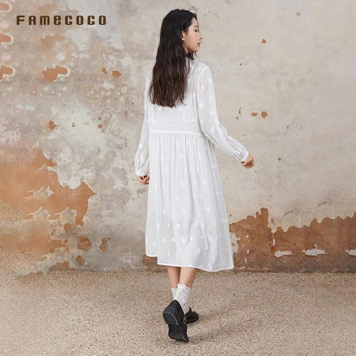 Famecoco原创纯棉刺绣印花长袖连衣裙花边领H型白月光FAB6FA020 商品图2